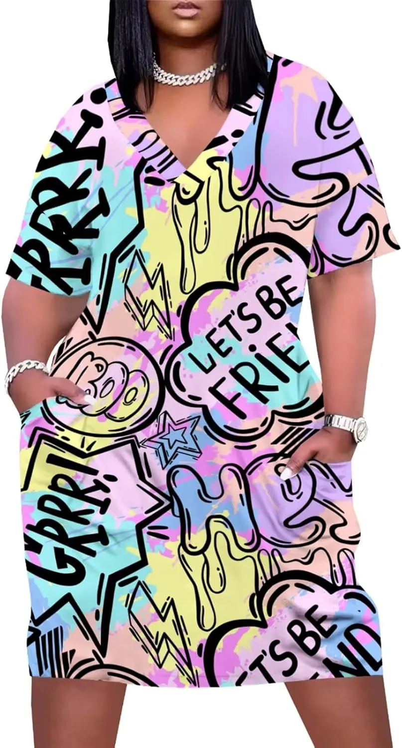 Plus Size Dresses for Curvy Women Summer Casual Graffiti V-Neck Short Sleeve with Pockets Loose A Line Midi Dress