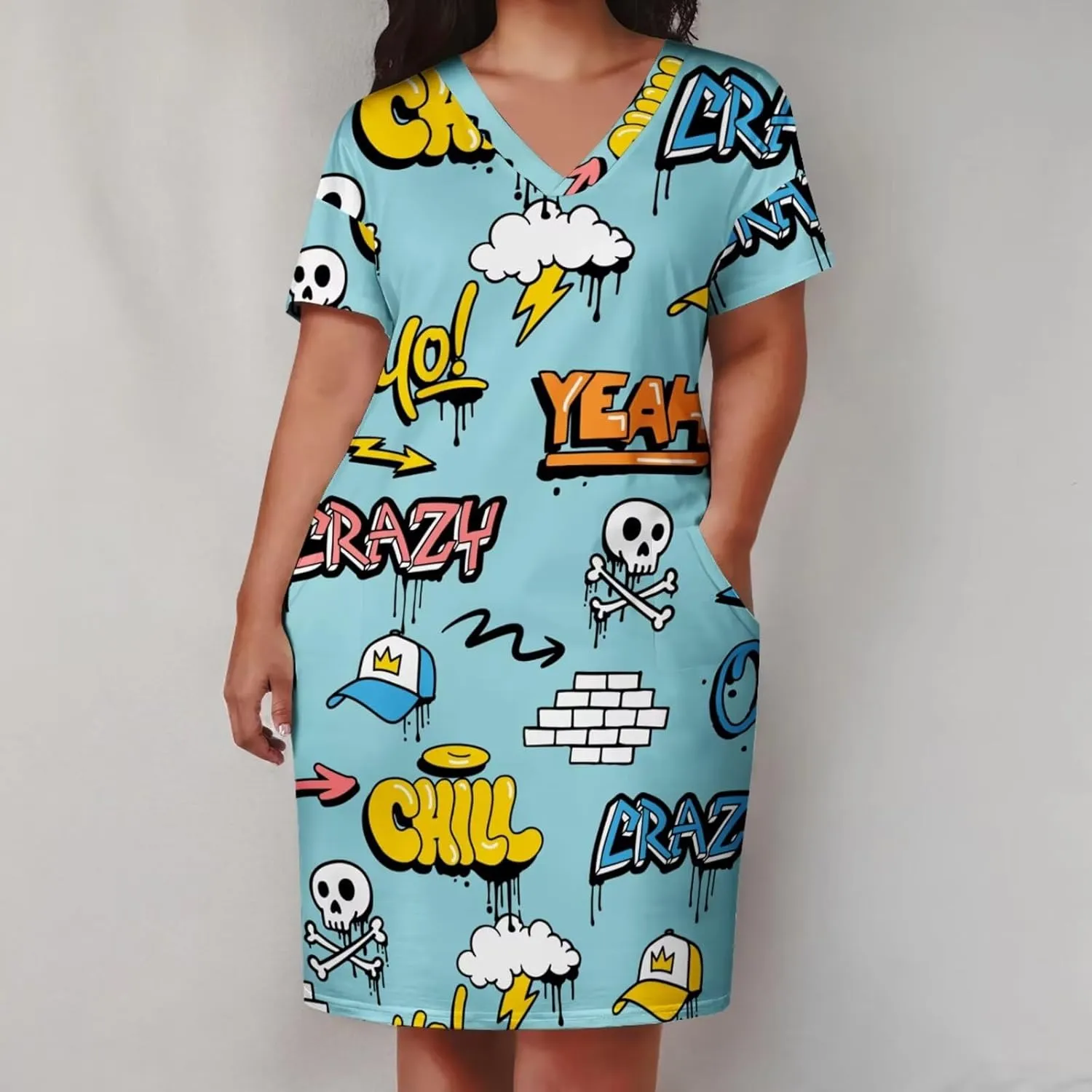 Plus Size Dresses for Curvy Women Summer Casual Graffiti V-Neck Short Sleeve with Pockets Loose A Line Midi Dress