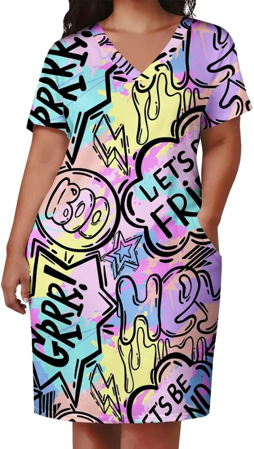 Plus Size Dresses for Curvy Women Summer Casual Graffiti V-Neck Short Sleeve with Pockets Loose A Line Midi Dress