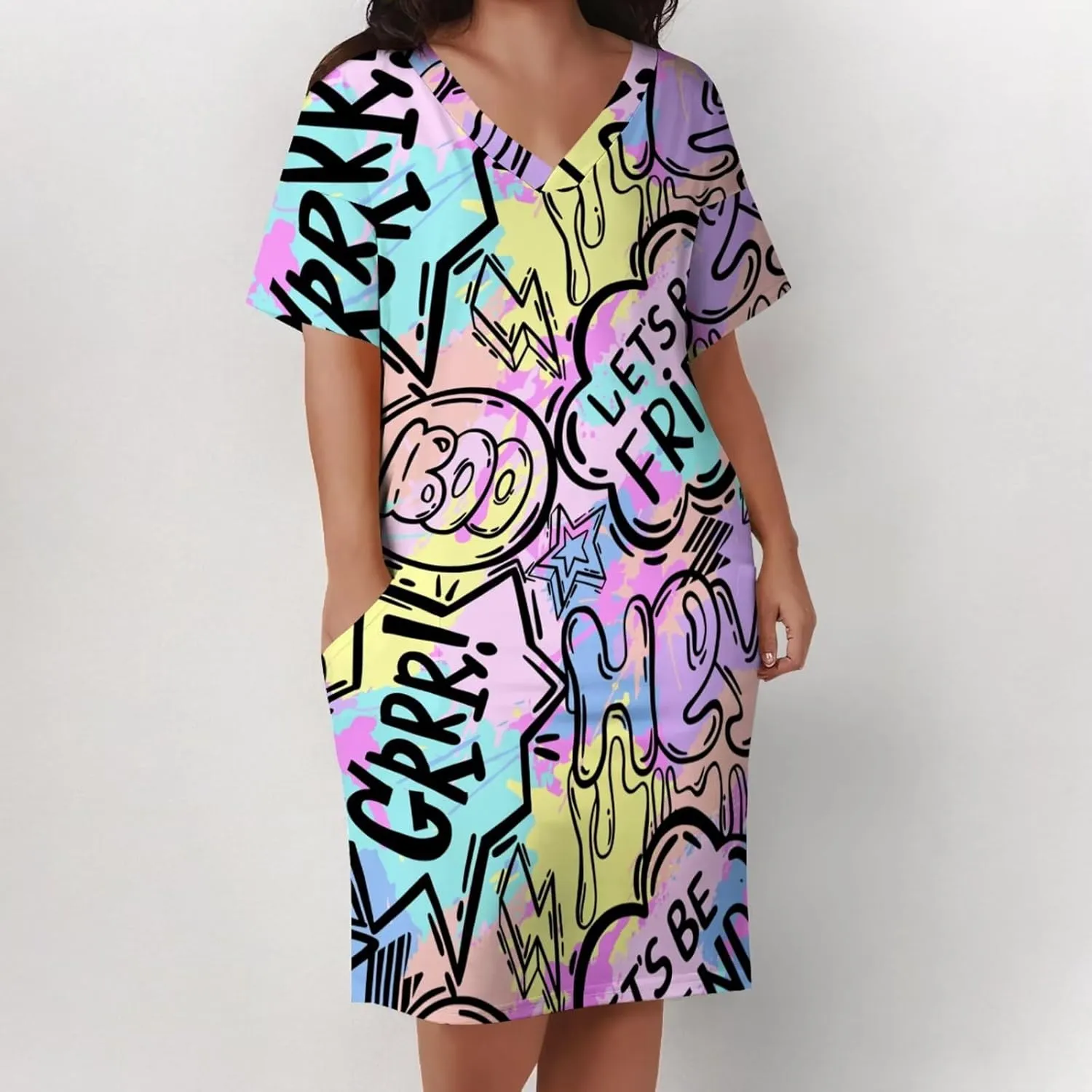Plus Size Dresses for Curvy Women Summer Casual Graffiti V-Neck Short Sleeve with Pockets Loose A Line Midi Dress