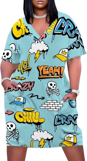 Plus Size Dresses for Curvy Women Summer Casual Graffiti V-Neck Short Sleeve with Pockets Loose A Line Midi Dress