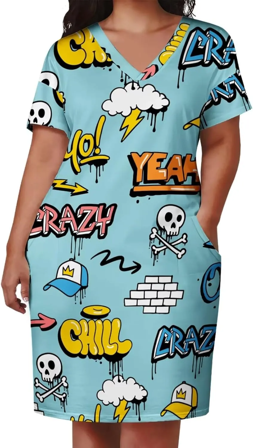 Plus Size Dresses for Curvy Women Summer Casual Graffiti V-Neck Short Sleeve with Pockets Loose A Line Midi Dress