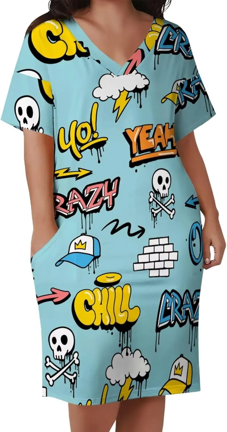 Plus Size Dresses for Curvy Women Summer Casual Graffiti V-Neck Short Sleeve with Pockets Loose A Line Midi Dress
