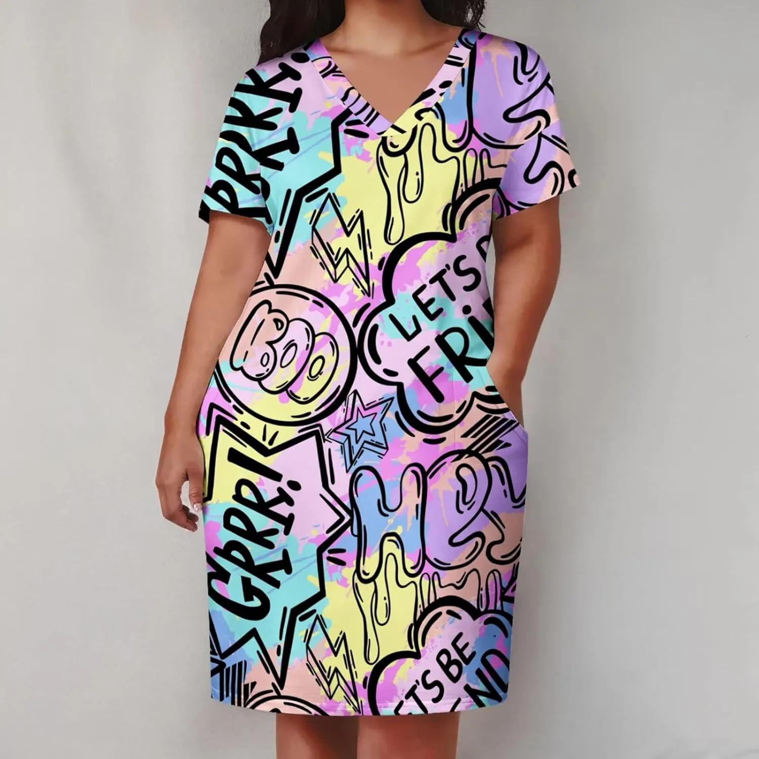 Plus Size Dresses for Curvy Women Summer Casual Graffiti V-Neck Short Sleeve with Pockets Loose A Line Midi Dress