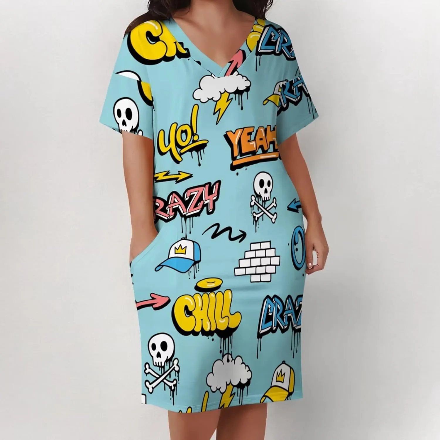 Plus Size Dresses for Curvy Women Summer Casual Graffiti V-Neck Short Sleeve with Pockets Loose A Line Midi Dress