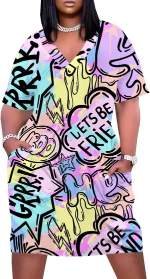 Plus Size Dresses for Curvy Women Summer Casual Graffiti V-Neck Short Sleeve with Pockets Loose A Line Midi Dress