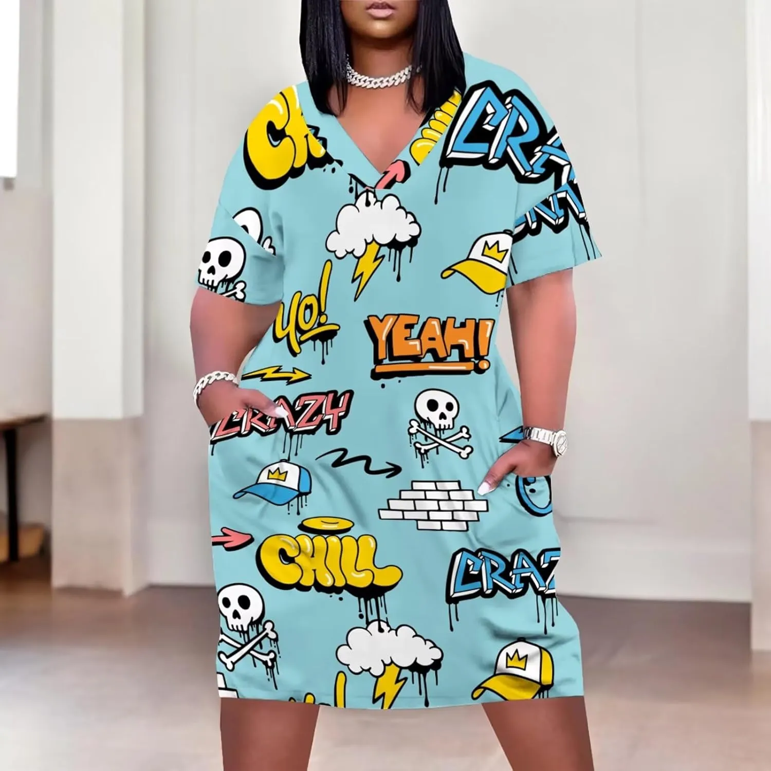 Plus Size Dresses for Curvy Women Summer Casual Graffiti V-Neck Short Sleeve with Pockets Loose A Line Midi Dress