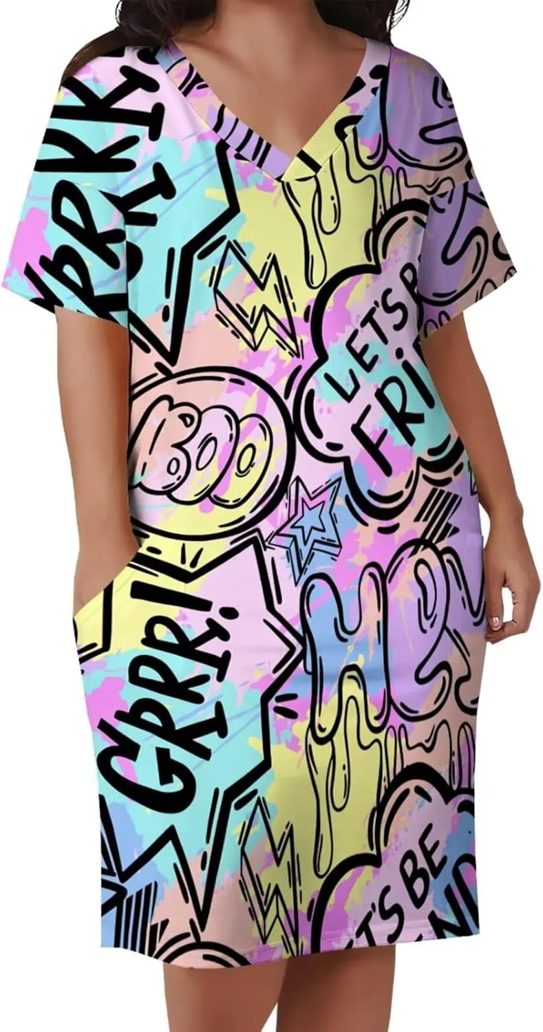 Plus Size Dresses for Curvy Women Summer Casual Graffiti V-Neck Short Sleeve with Pockets Loose A Line Midi Dress