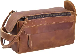 Premium Leather Travel Toiletry Bag - Unisex Water-Resistant Travel Dopp Kit, Shaving & Cosmetic Organizer for Men & Women - Compact Bathroom Essentials - Rustic Brown