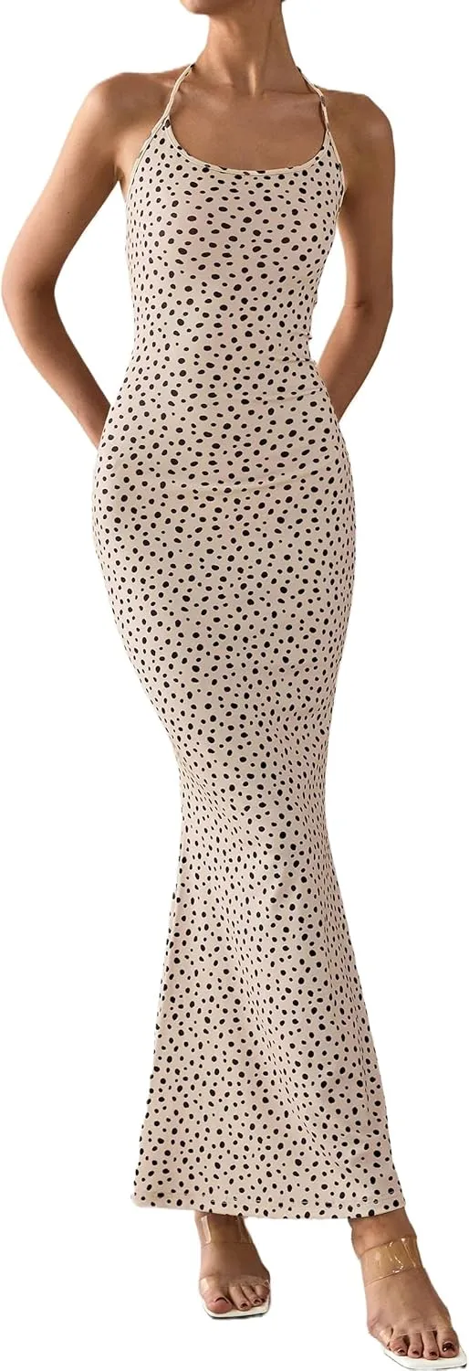 PRETTYGARDEN Maxi Dresses for Women 2025 Summer Halter Leopard Print Sleeveless Sexy Bodycon Cruise Cocktail Long Dress