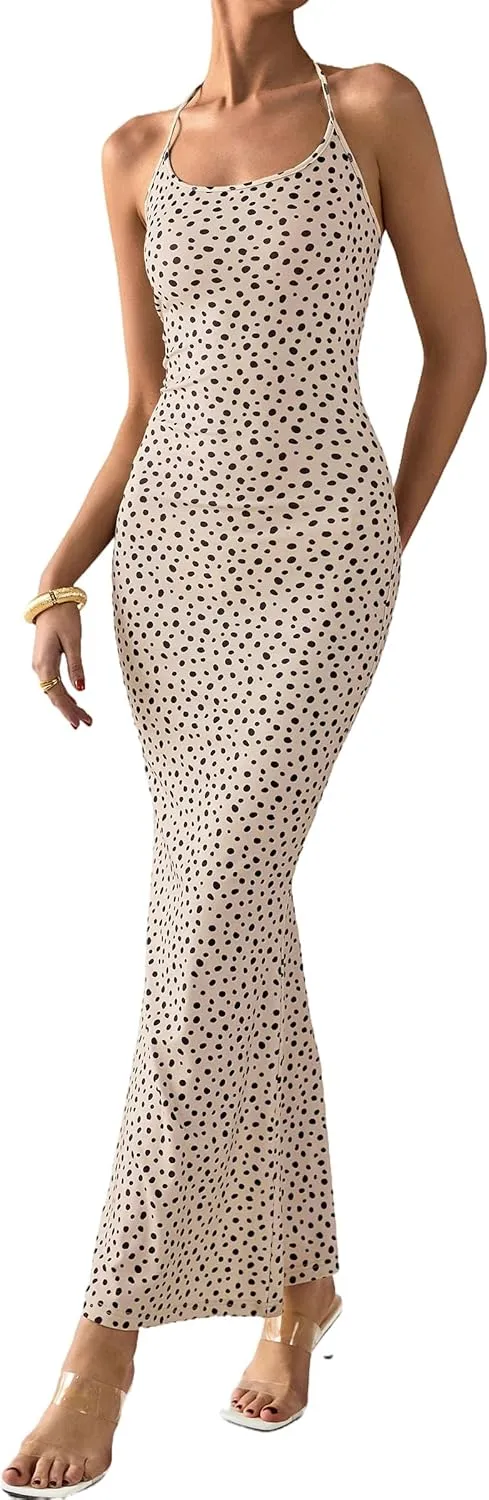 PRETTYGARDEN Maxi Dresses for Women 2025 Summer Halter Leopard Print Sleeveless Sexy Bodycon Cruise Cocktail Long Dress