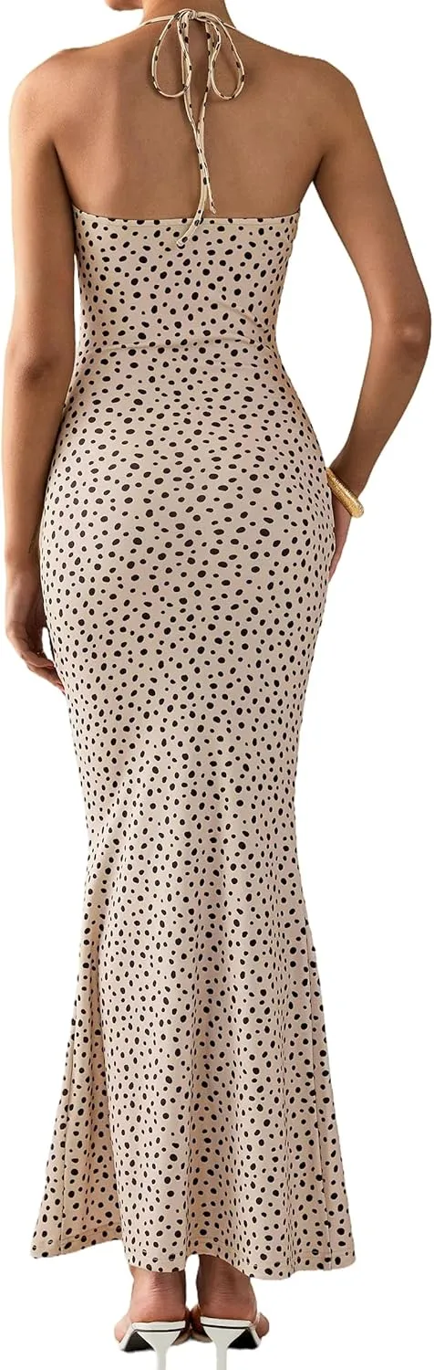 PRETTYGARDEN Maxi Dresses for Women 2025 Summer Halter Leopard Print Sleeveless Sexy Bodycon Cruise Cocktail Long Dress