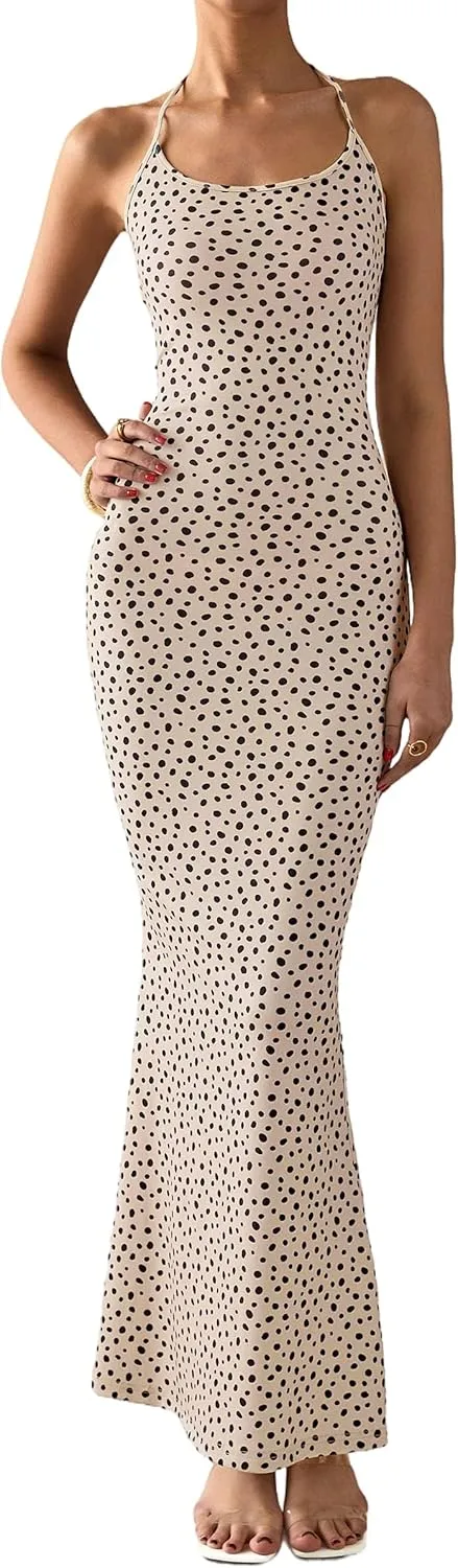PRETTYGARDEN Maxi Dresses for Women 2025 Summer Halter Leopard Print Sleeveless Sexy Bodycon Cruise Cocktail Long Dress