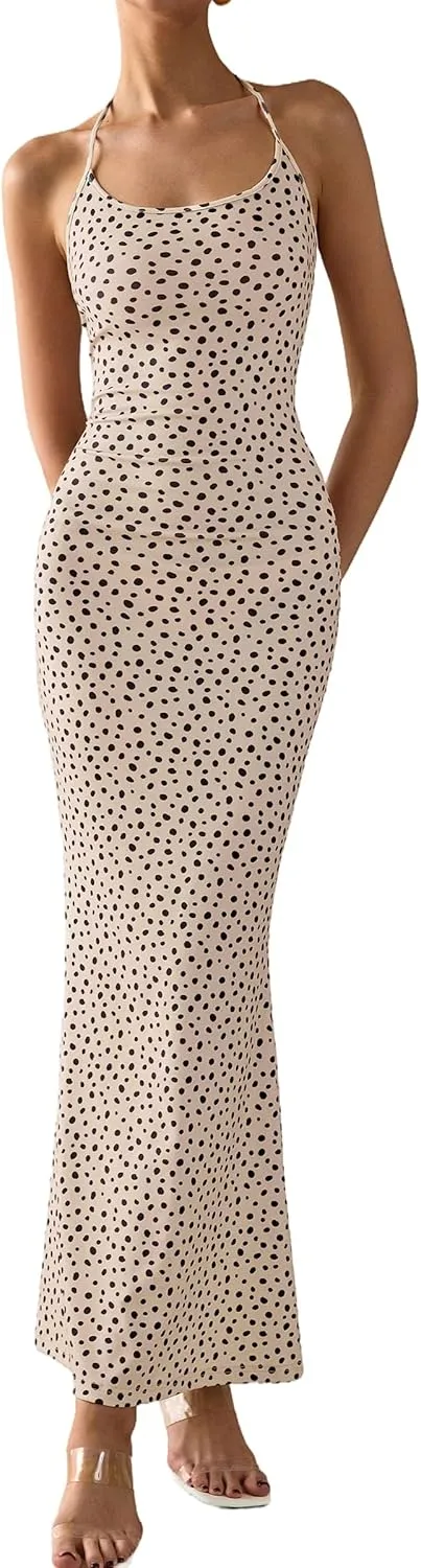 PRETTYGARDEN Maxi Dresses for Women 2025 Summer Halter Leopard Print Sleeveless Sexy Bodycon Cruise Cocktail Long Dress