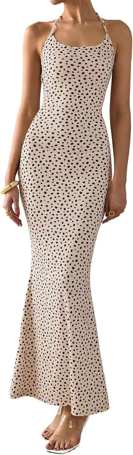 PRETTYGARDEN Maxi Dresses for Women 2025 Summer Halter Leopard Print Sleeveless Sexy Bodycon Cruise Cocktail Long Dress