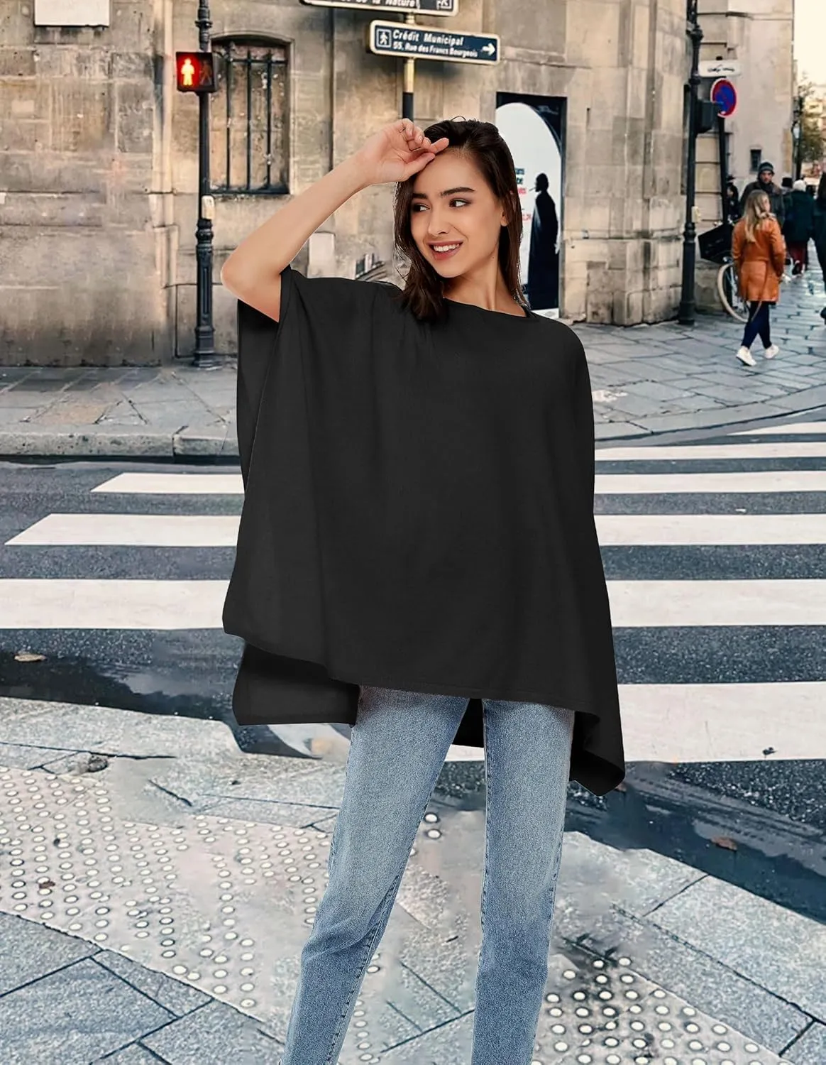 PULI Womens Pullover Poncho Sweater Cashmere Feel Shawl Wraps Loose Fitting Baggy Tops for Fall Winter