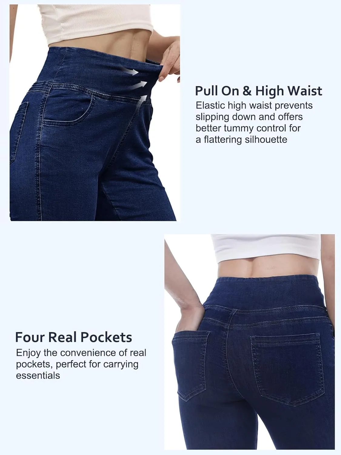 Pull on Skinny Jeans for Women, Stretchy High Waisted Leggings Trendy Tummy Control Demin Jegging with Pockets
