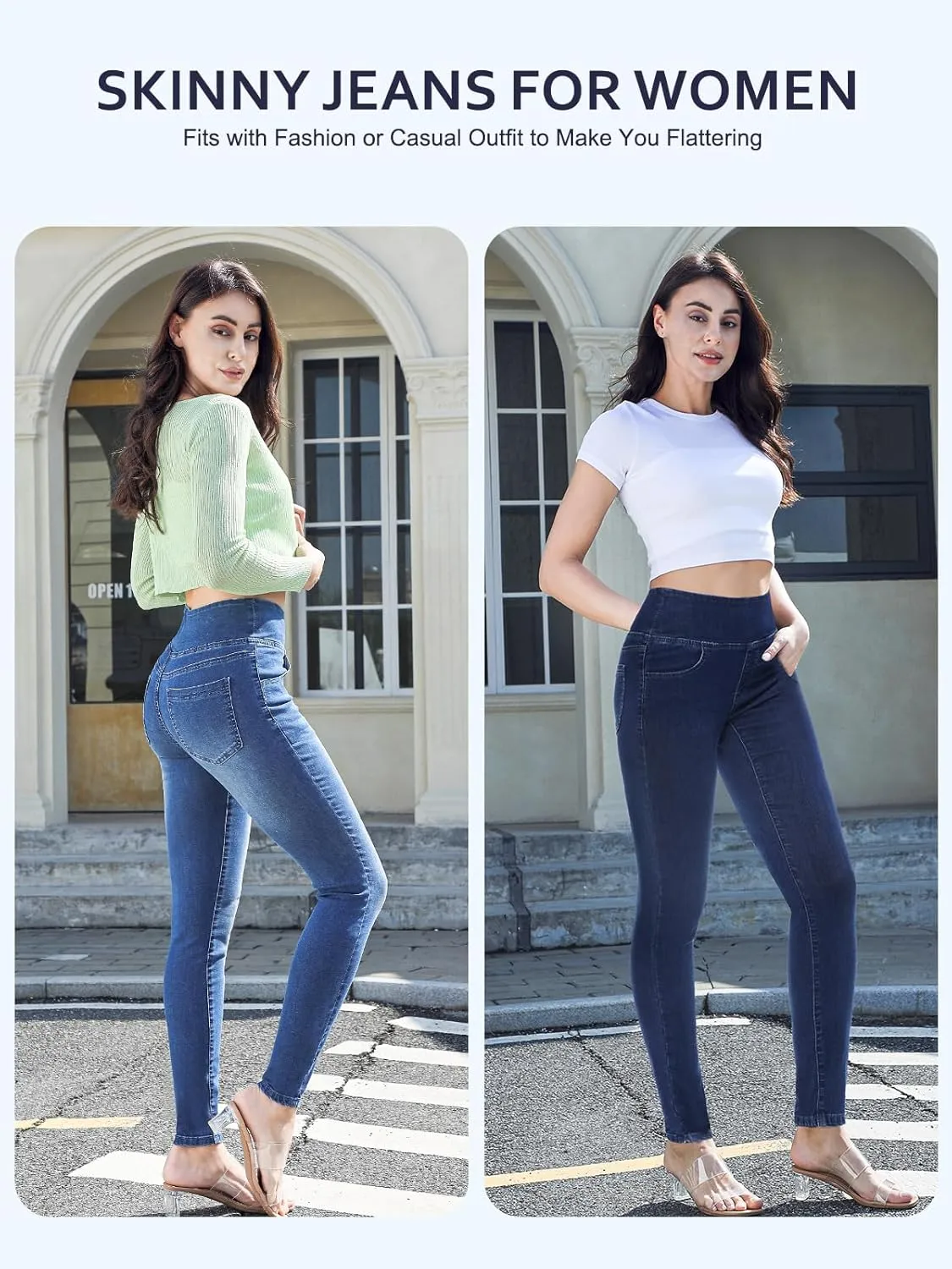 Pull on Skinny Jeans for Women, Stretchy High Waisted Leggings Trendy Tummy Control Demin Jegging with Pockets