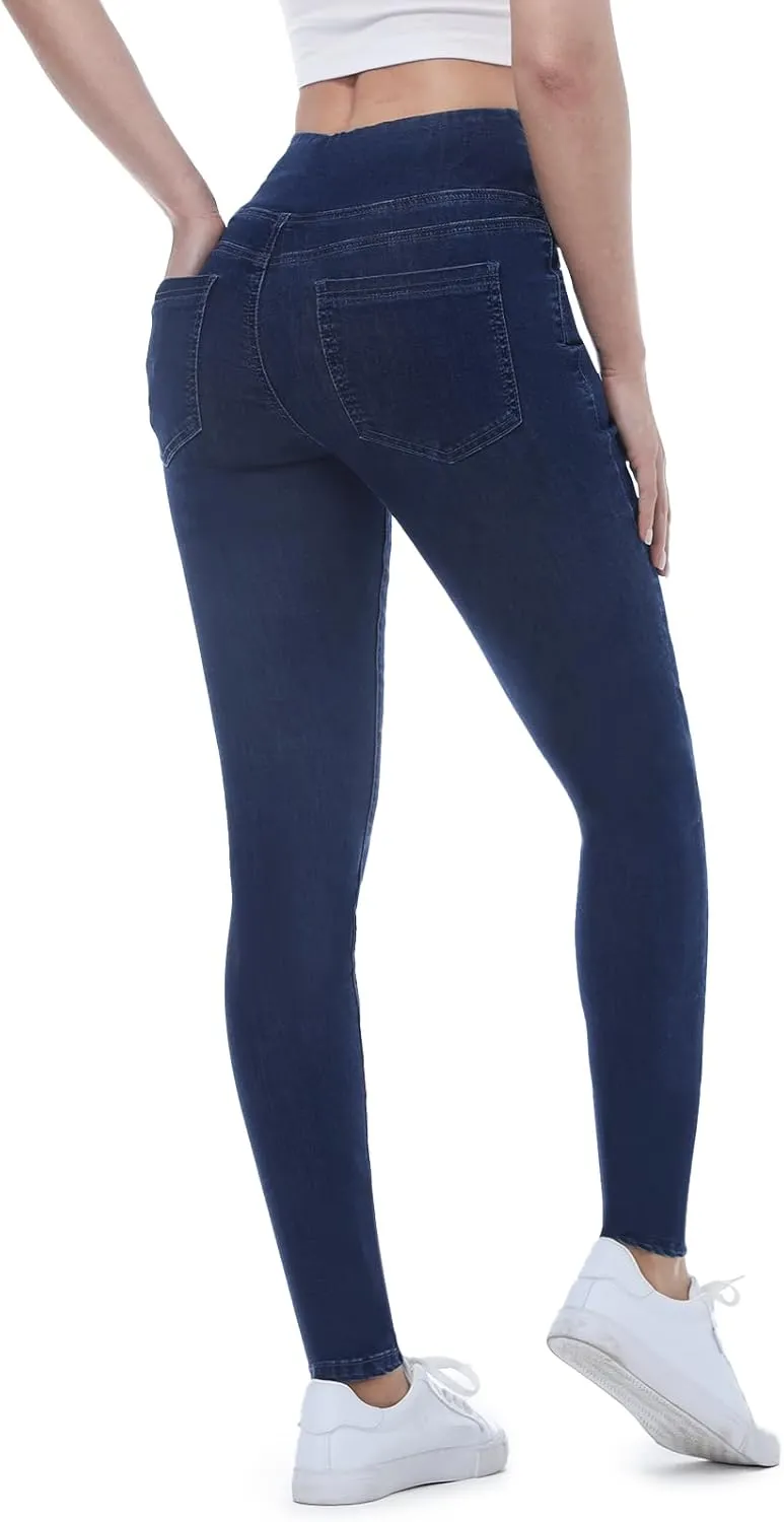 Pull on Skinny Jeans for Women, Stretchy High Waisted Leggings Trendy Tummy Control Demin Jegging with Pockets