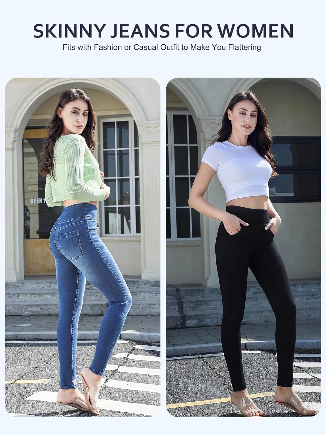 Pull on Skinny Jeans for Women, Stretchy High Waisted Leggings Trendy Tummy Control Demin Jegging with Pockets