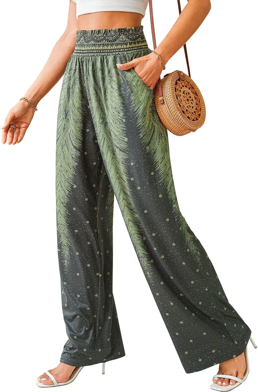 QIANXIZHAN Women's Boho Pants, Wide Leg High Waist Harem Pants Hippie Yoga Clothes with Pockets