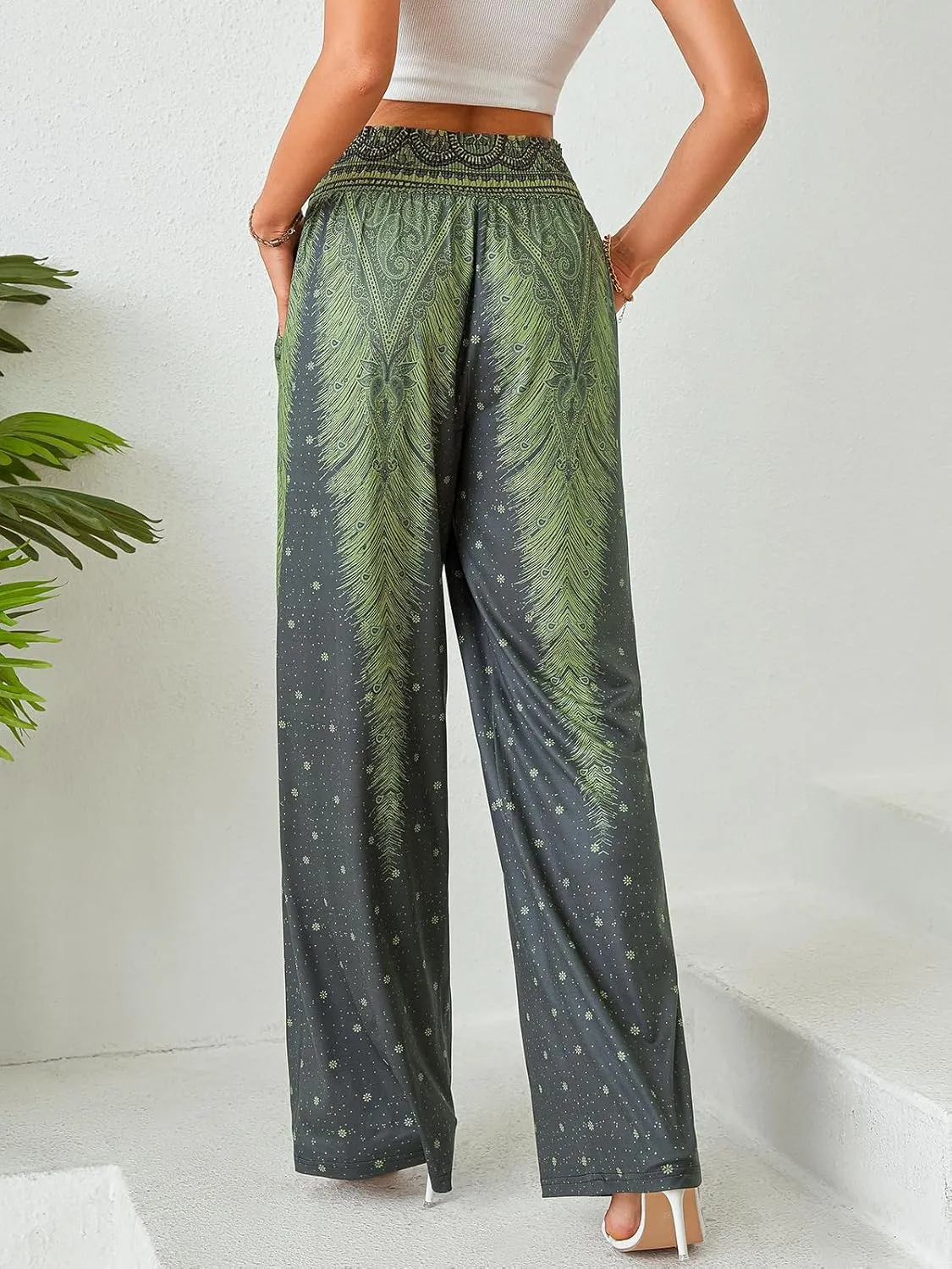 QIANXIZHAN Women's Boho Pants, Wide Leg High Waist Harem Pants Hippie Yoga Clothes with Pockets