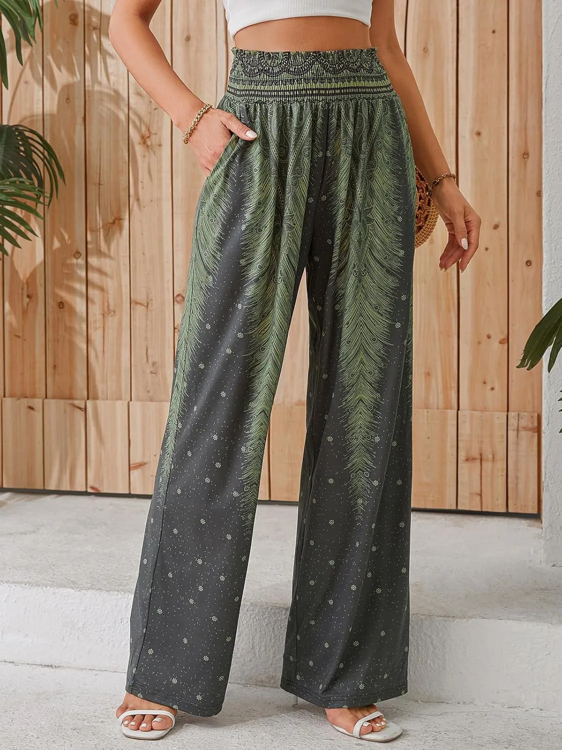 QIANXIZHAN Women's Boho Pants, Wide Leg High Waist Harem Pants Hippie Yoga Clothes with Pockets