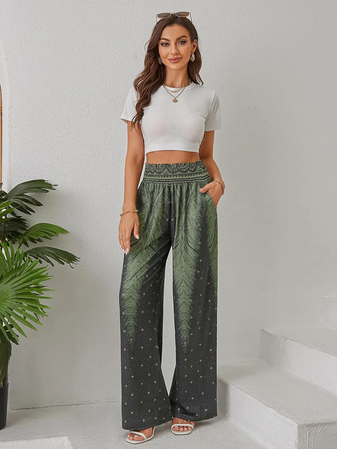 QIANXIZHAN Women's Boho Pants, Wide Leg High Waist Harem Pants Hippie Yoga Clothes with Pockets