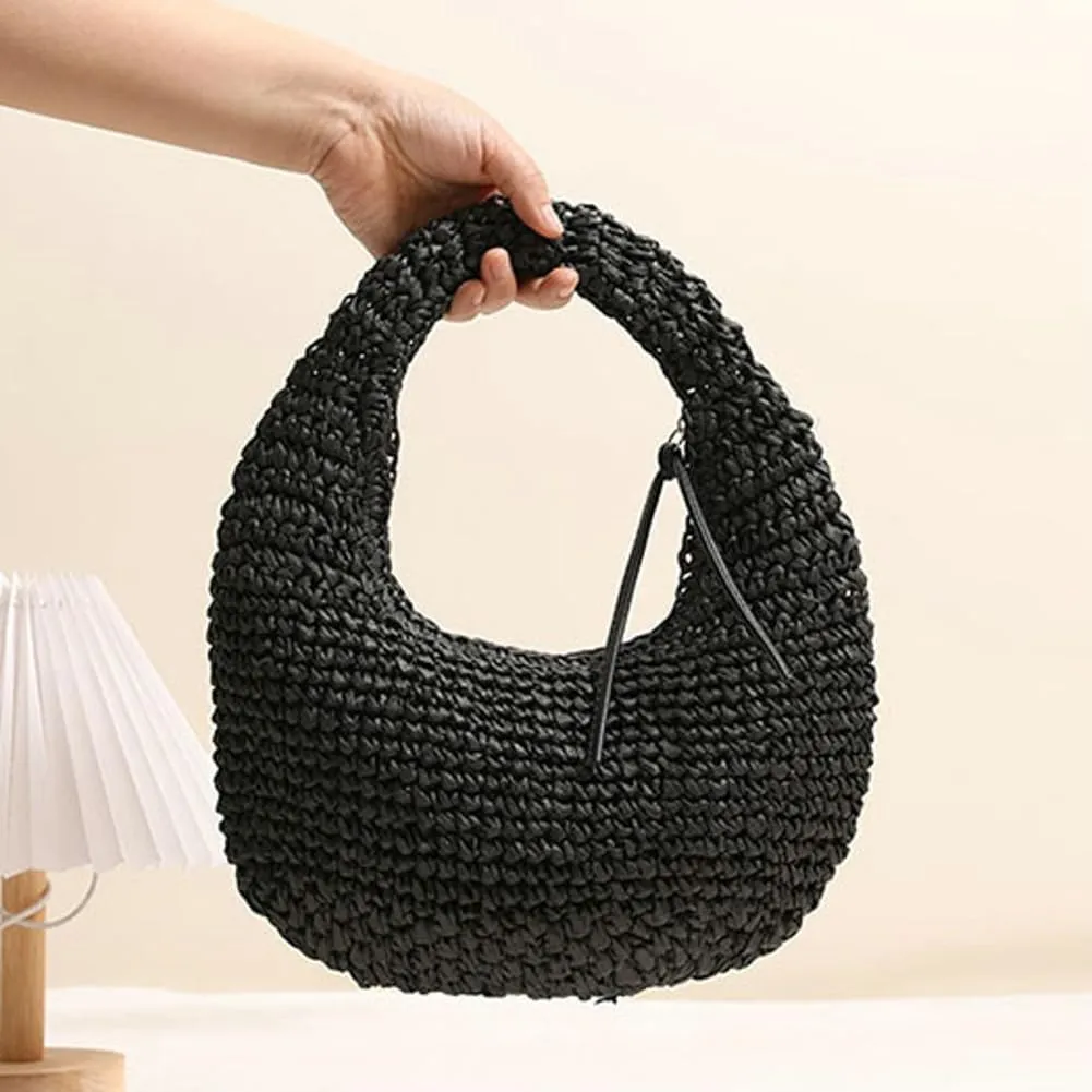 Raffia Tote Bag Women 2025 Summer Handbag Straw Woven Crescent Clutch Cloud Beach Purse Vacation Solid Hobo Shoulder Bag