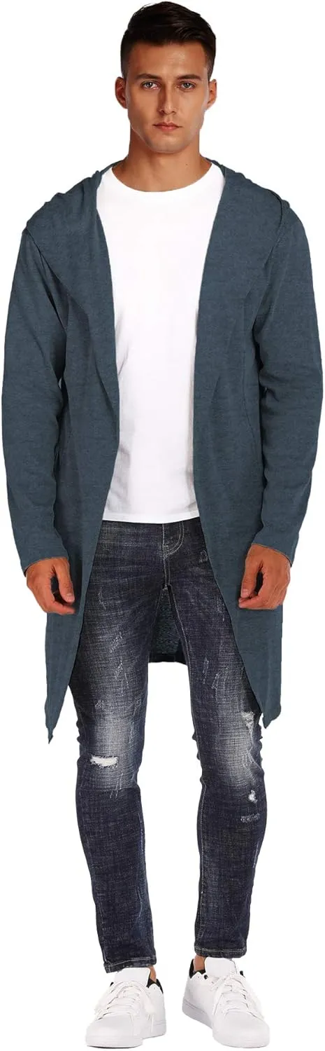 RAGEMALL Mens Long Cardigan Open Front Draped Lightweight Hooded Sweater with Pockets