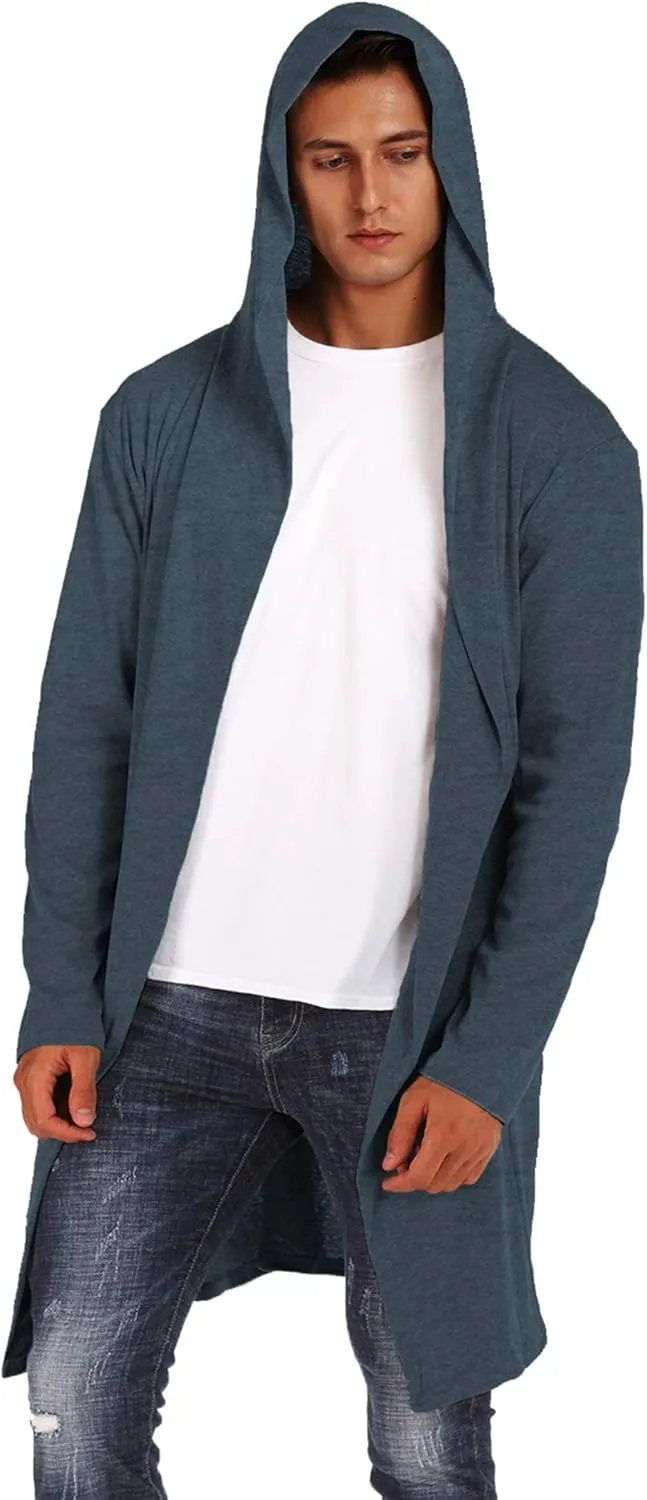RAGEMALL Mens Long Cardigan Open Front Draped Lightweight Hooded Sweater with Pockets