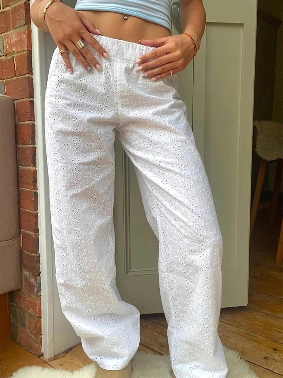 Raruxxin Y2K Eyelet Pants for Women Cute Flower Embroidered Pants Casual Loose Wide Leg High Waist Palazzo Lounge Trousers
