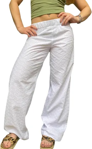 Raruxxin Y2K Eyelet Pants for Women Cute Flower Embroidered Pants Casual Loose Wide Leg High Waist Palazzo Lounge Trousers