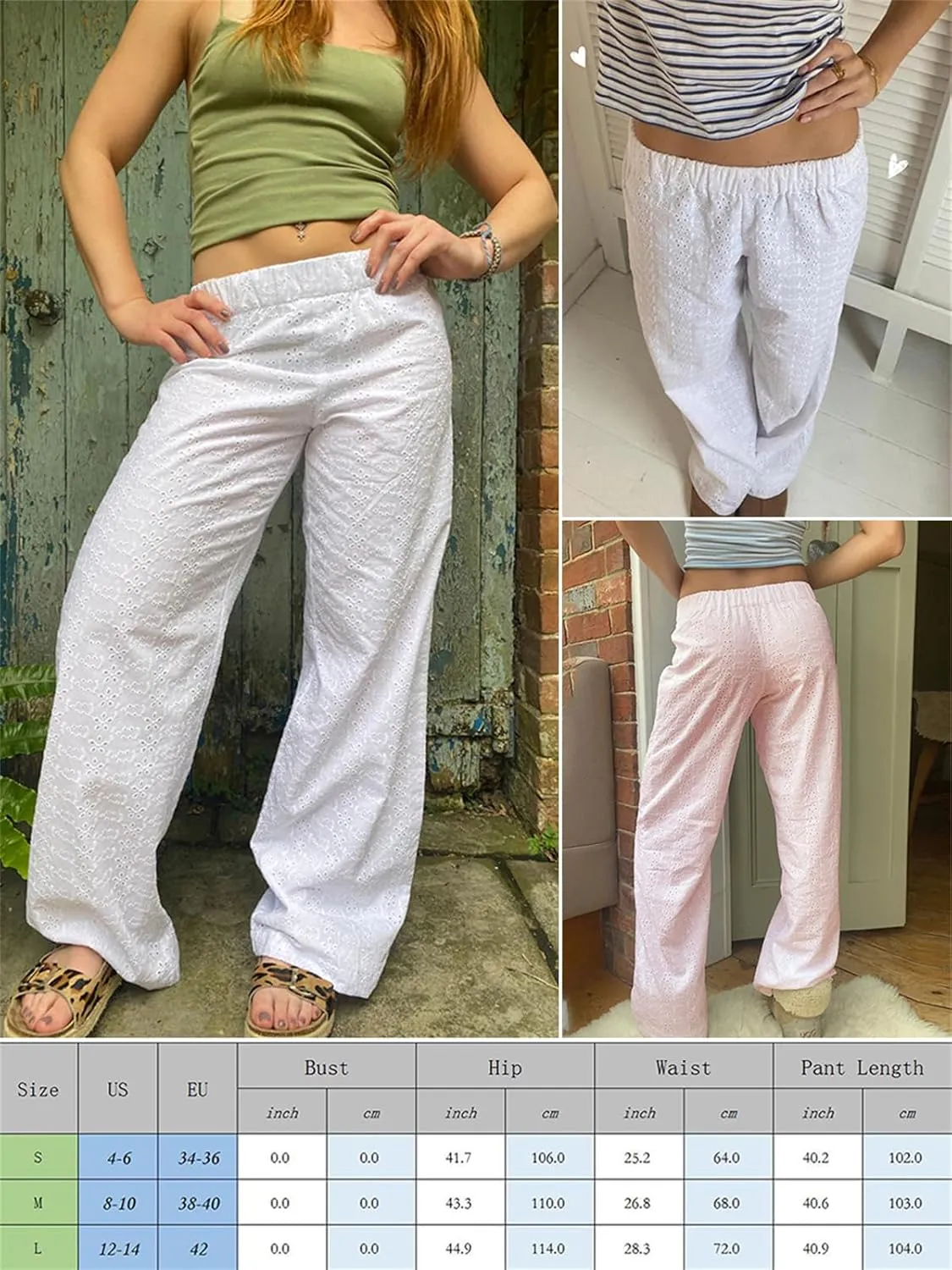 Raruxxin Y2K Eyelet Pants for Women Cute Flower Embroidered Pants Casual Loose Wide Leg High Waist Palazzo Lounge Trousers