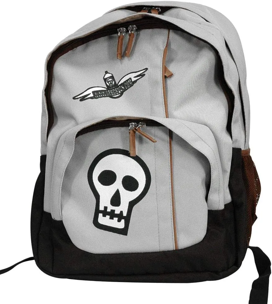 Retro Punk-Style Canvas Backpack (Grey w/Skull Decal)