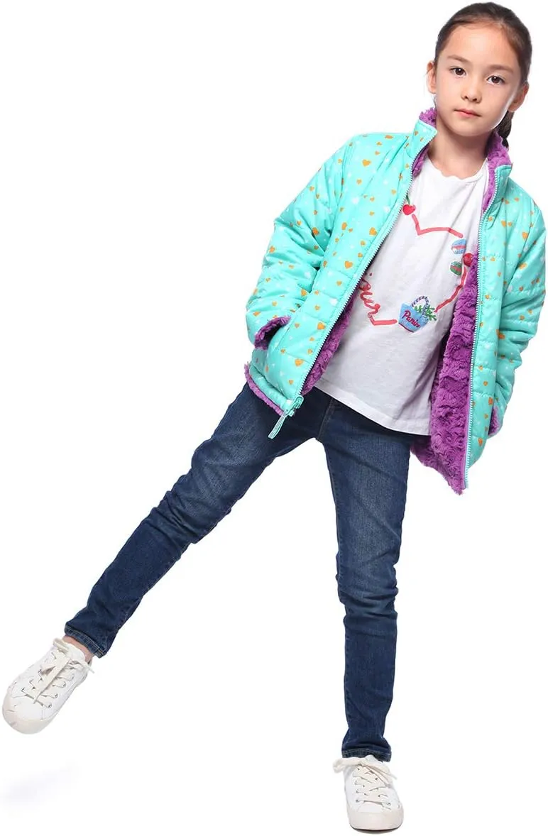 Rokka&Rolla Girls' Reversible Water-Resistant Teddy Sherpa Fleece Puffer Jacket Winter Coat