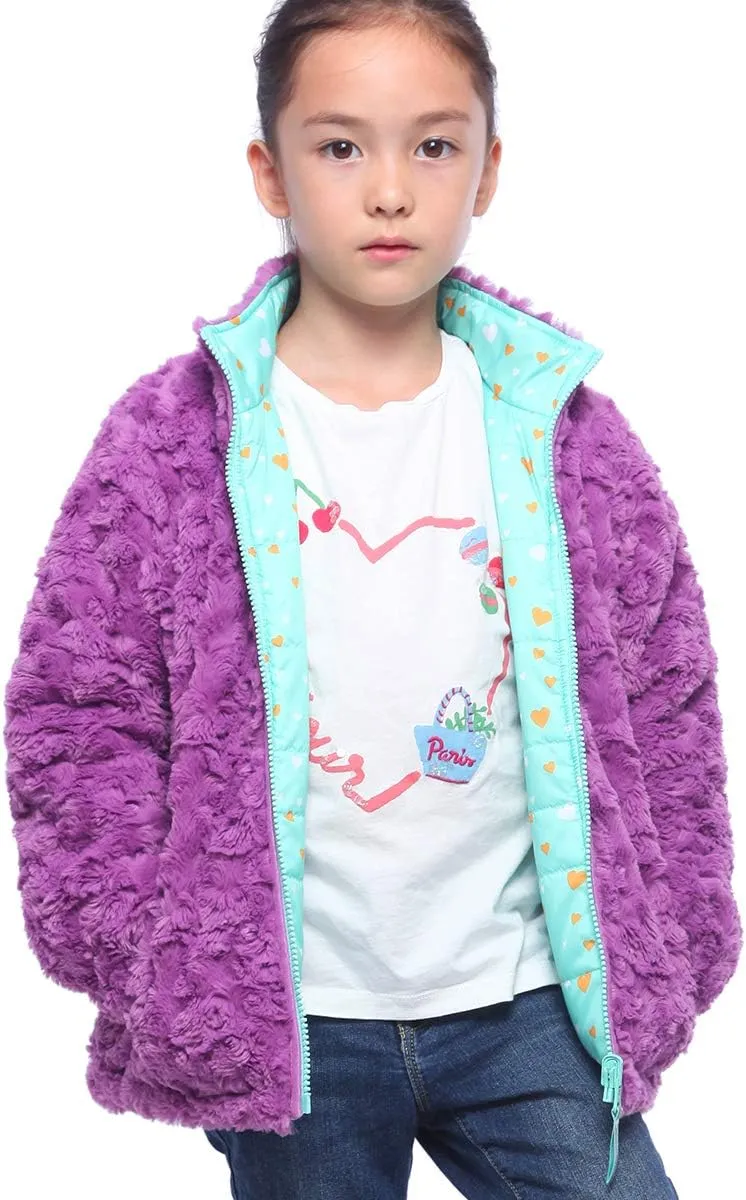 Rokka&Rolla Girls' Reversible Water-Resistant Teddy Sherpa Fleece Puffer Jacket Winter Coat