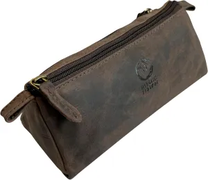 Rustic Town Leather Pencil Case - Full Grain Leather Zippered Pen Pouch - Stationery Bag Pen Holder for Work & Office