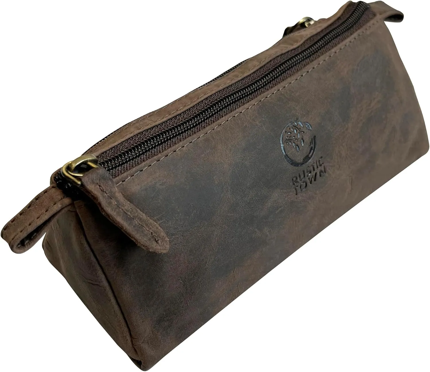 Rustic Town Leather Pencil Case - Full Grain Leather Zippered Pen Pouch - Stationery Bag Pen Holder for Work & Office