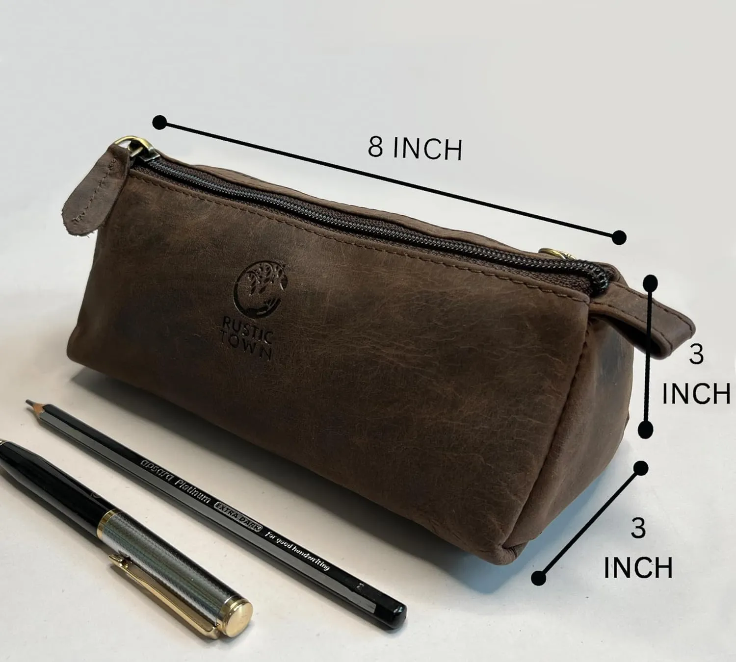 Rustic Town Leather Pencil Case - Full Grain Leather Zippered Pen Pouch - Stationery Bag Pen Holder for Work & Office