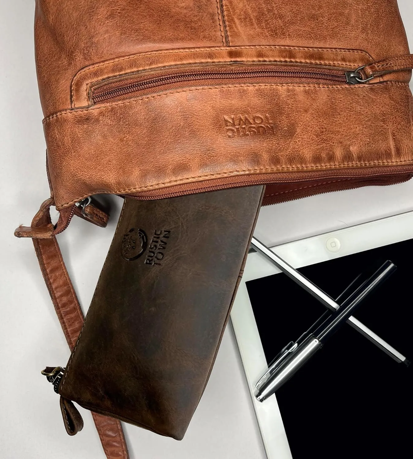 Rustic Town Leather Pencil Case - Full Grain Leather Zippered Pen Pouch - Stationery Bag Pen Holder for Work & Office