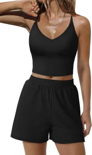 SAMPEEL Two Piece Summer Outfits 2 Piece Sets 2025 Matching Lounge Crop Top High Waisted Short