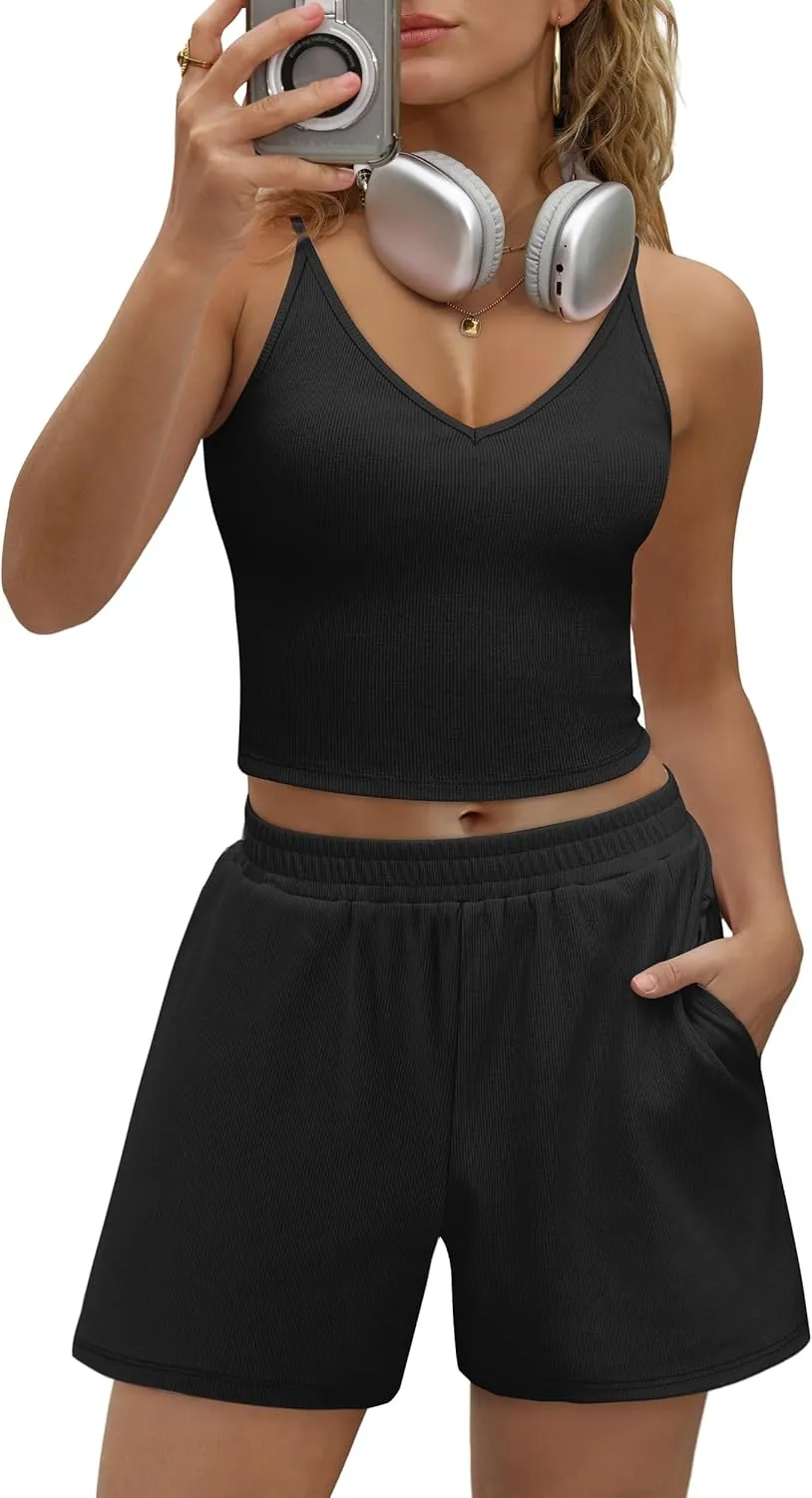 SAMPEEL Two Piece Summer Outfits 2 Piece Sets 2025 Matching Lounge Crop Top High Waisted Short