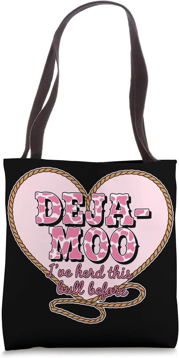 Sassy Deja Moo Pun with Pink Cow Pattern and Lasso Heart Tote Bag