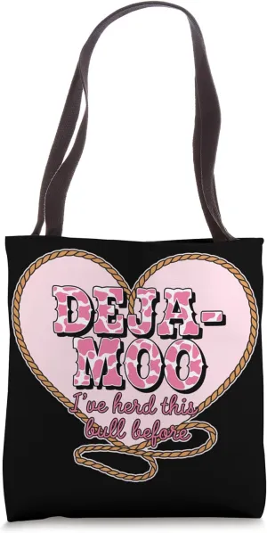 Sassy Deja Moo Pun with Pink Cow Pattern and Lasso Heart Tote Bag