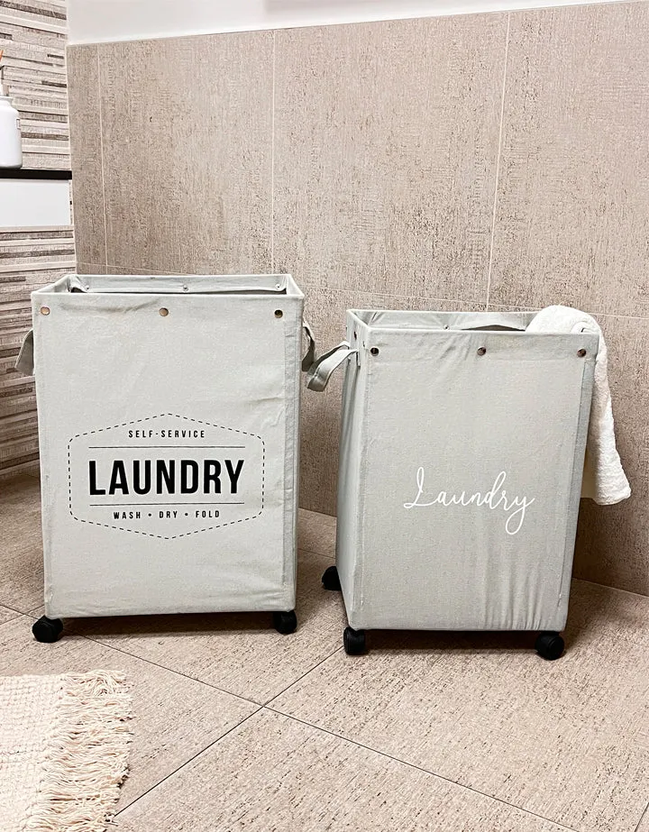 “Self-Service Laundry” Set of 2 Grey Rolling Laundry Hampers