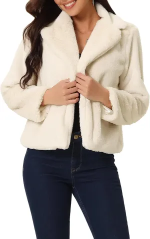 Seta T Women's Cropped Faux Fur Coat Fashion Winter Open Front Jacket Notch Lapel Long Sleeve Fluffy Coat