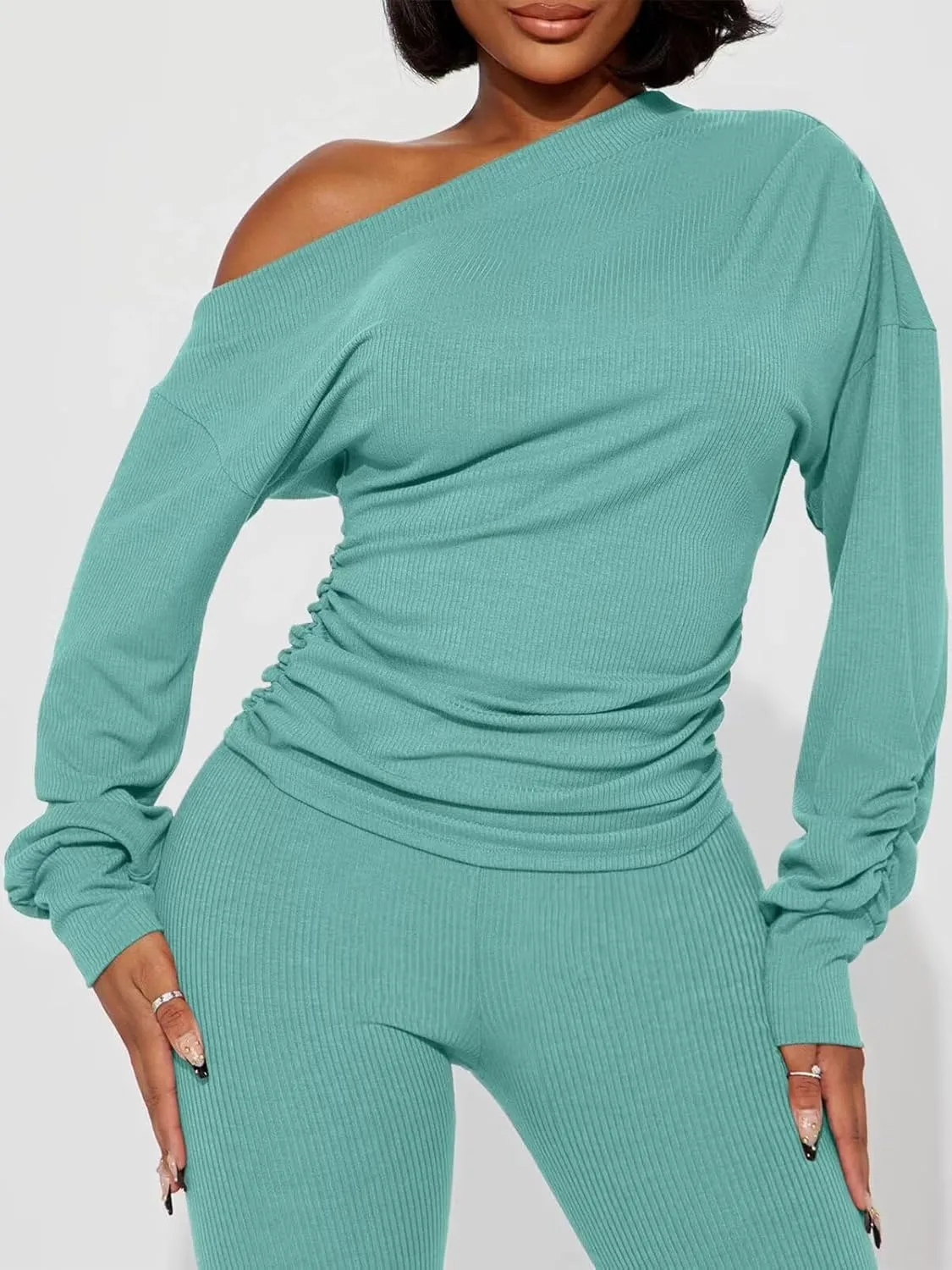 Sexy 2 Piece Outfits for Women One Off Shoulder Tops Ribbed Pant Set Tracksuit Clubwear