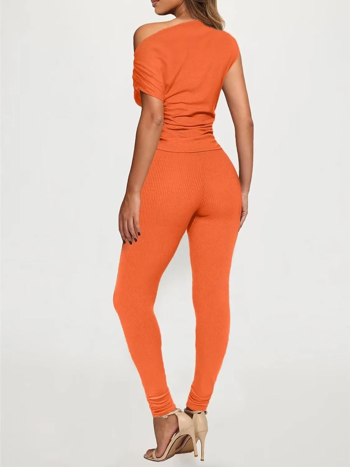 Sexy 2 Piece Outfits for Women One Off Shoulder Tops Ribbed Pant Set Tracksuit Clubwear