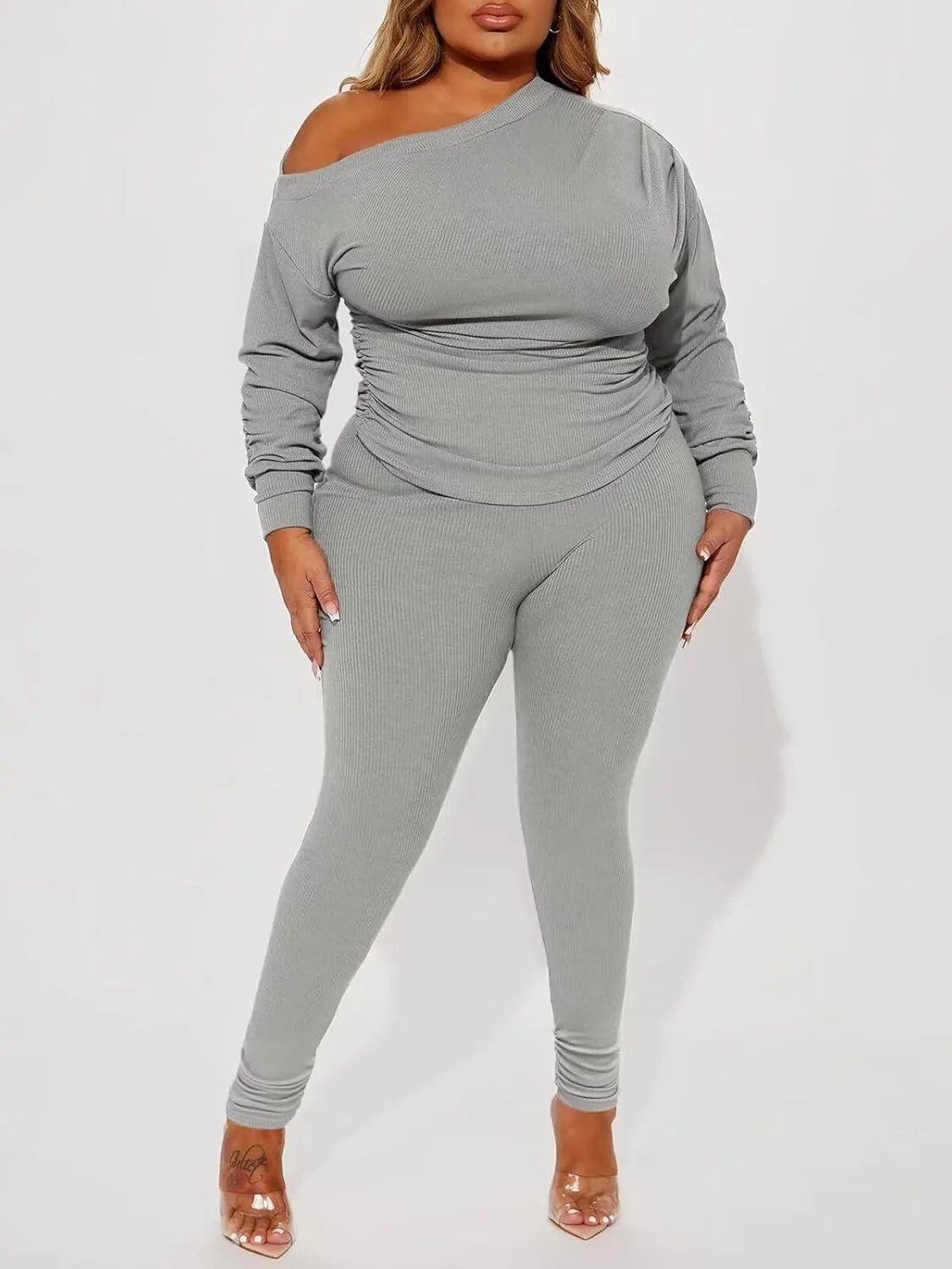 Sexy 2 Piece Outfits for Women One Off Shoulder Tops Ribbed Pant Set Tracksuit Clubwear